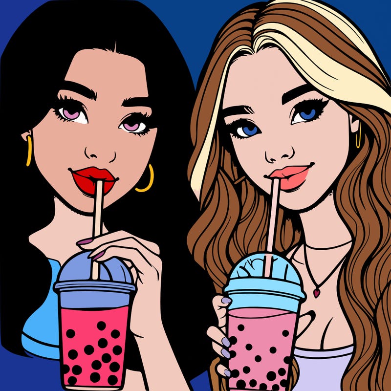 two realistic teen girls drinking boba
