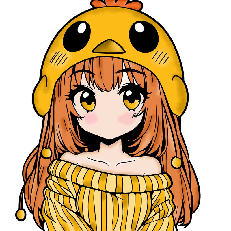 anime girl with chick shaped hat with sweater with bare shoulders with bangs covering them one eye with low tail