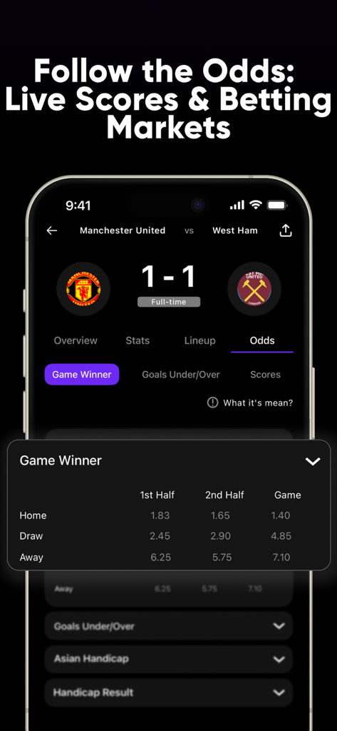 Playmaker Sports Tracker Score - Playmaker app screen displaying live soccer match scores and betting markets for game winners
