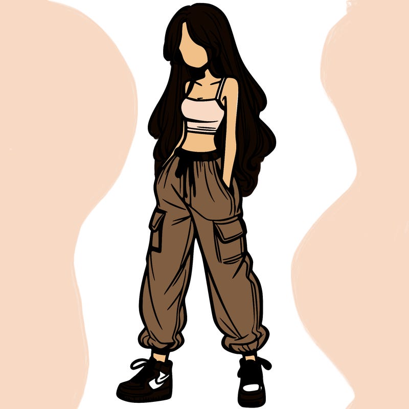 girl in baggy pants crop top and long hair