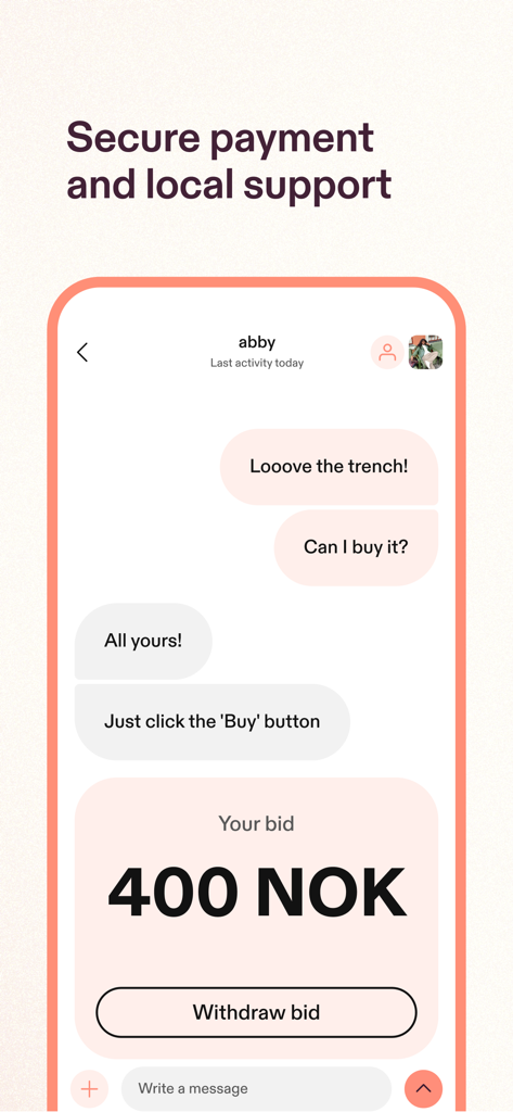 Tise | Reuse fashion - Tiseアプリのチャット画面には、セカンドハンドのトレンチコートの安全な決済入札が表示されています
