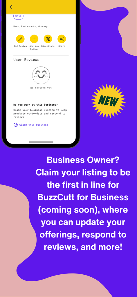 BuzzCutt - BuzzCutt app interface showing the option for business owners to claim their venue listing and manage non alcoholic drink offerings