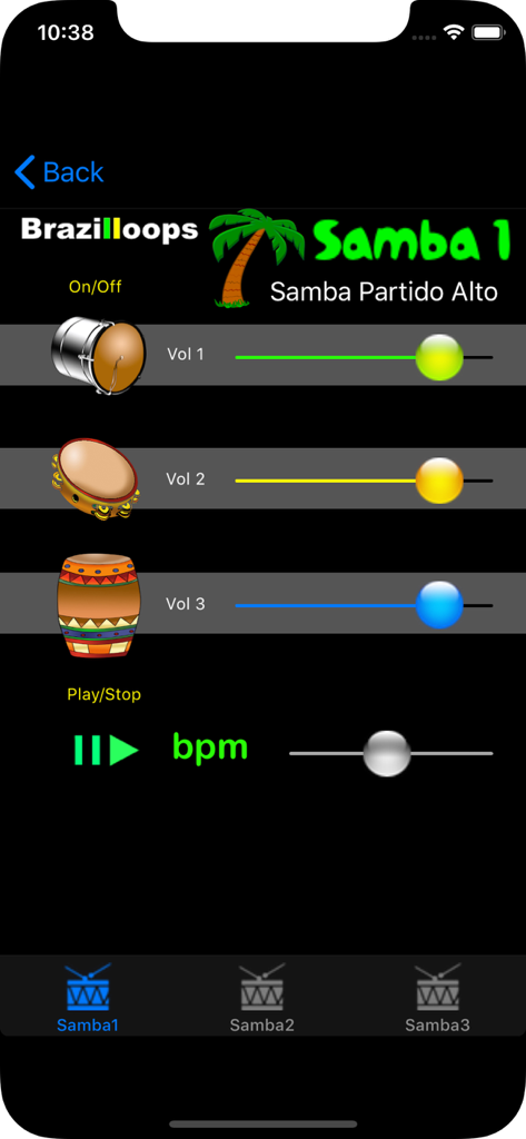 Interfaz de la aplicación Brazilloops Samba mostrando deslizadores de volumen para diferentes instrumentos de percusión y control de velocidad de BPM