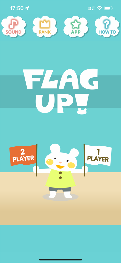 Flag Up! for Kids - Menú principal de la aplicación Flag Up for Kids con un personaje lindo sosteniendo banderas para seleccionar modos de 1 o 2 jugadores.