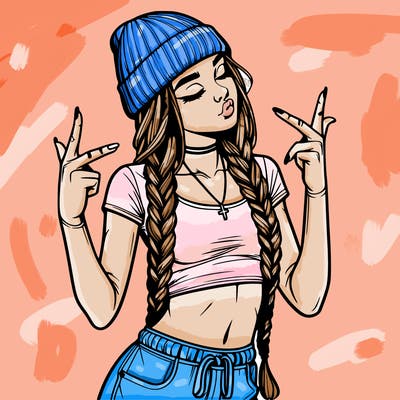 realistic teenage girl with braids and a beanie and crop top doing 🫶🏼