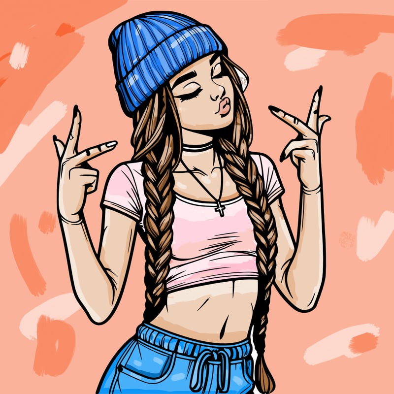 realistic teenage girl with braids and a beanie and crop top doing 🫶🏼