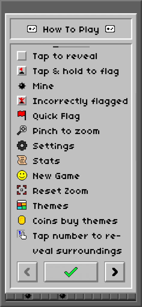 Minesweeper Classic: Retro - Menu d'instructions 'comment jouer' de Démineur Classique Rétro avec des icônes pixel art