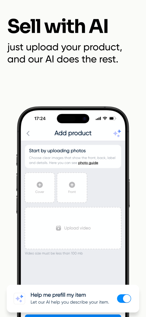 Flipgoo - Buy & Sell - Flipgoo mobile app interface showing the Sell with AI feature for uploading products and generating descriptions automatically