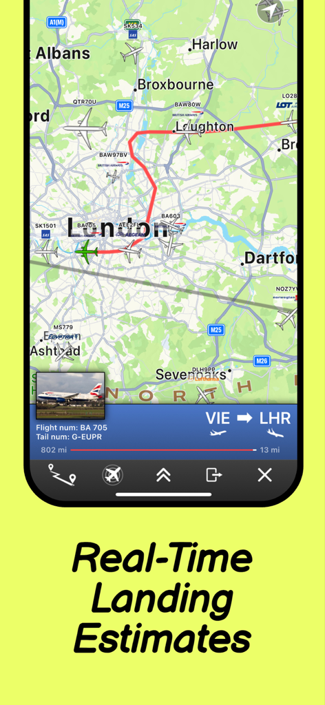 Flight Radar Pro Plane Tracker - Interface of mi Flight Radar Pro showing a real-time flight map over London with landing estimates