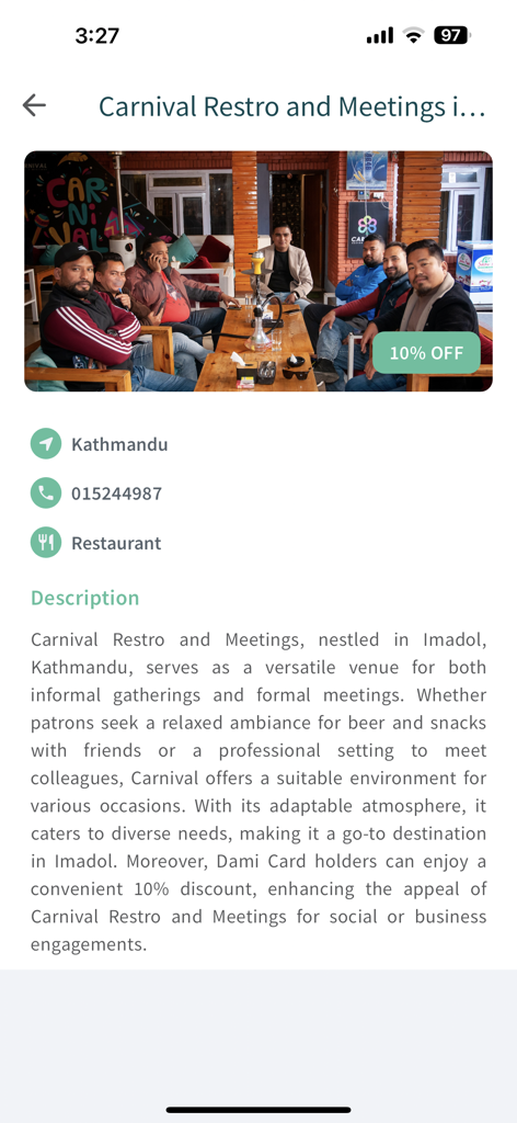 Dami Experience - Detalhes do Carnival Restro and Meetings em Kathmandu na aplicação Dami Experience mostrando um desconto de 10 por cento.