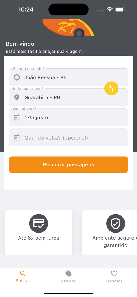 Viação Rio Tinto - Viacao Rio Tinto mobile app screen showing bus ticket search fields for travel in Paraiba Brazil.