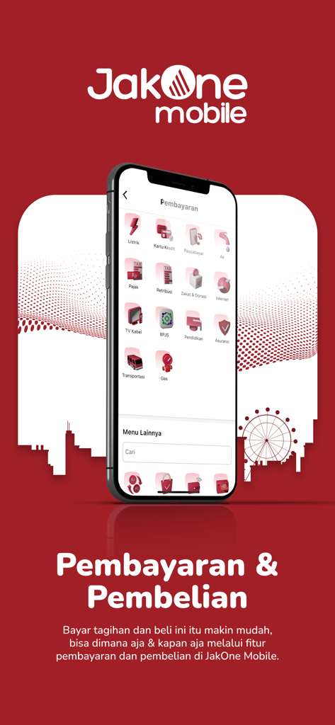 JakOne Mobile app payment screen showing various bill payment options for utilities, taxes, and services in Indonesia.