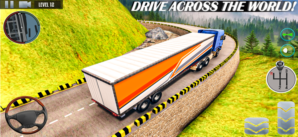 Truck Games – Truck Simulator - Un camión semirremolque con un remolque naranja y blanco conduciendo por una carretera de montaña curva en un juego de simulador de camiones.