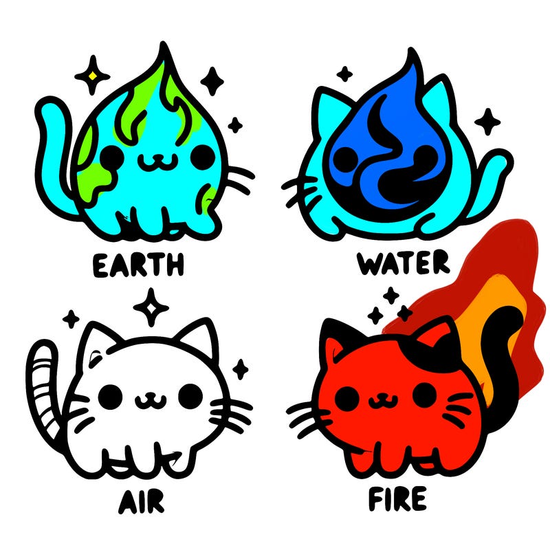 4 cats that represent the different elements, earth, water, air, and fire