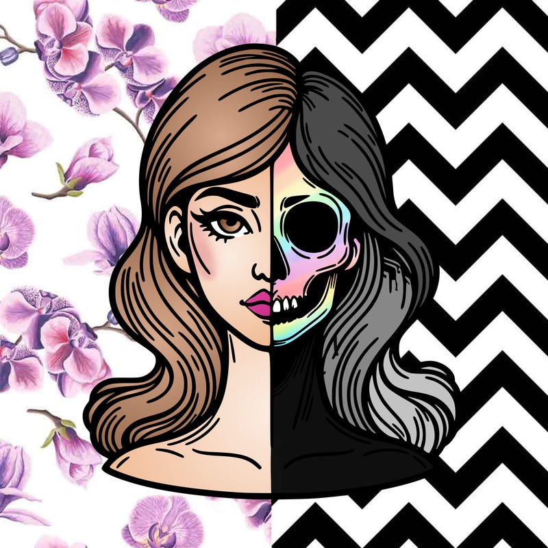 bust of a woman, half face and hair, half skull