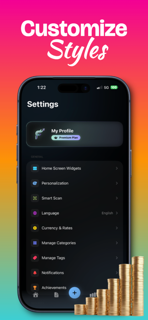 Settings screen of Fint budget app highlighting personalization and style customization options