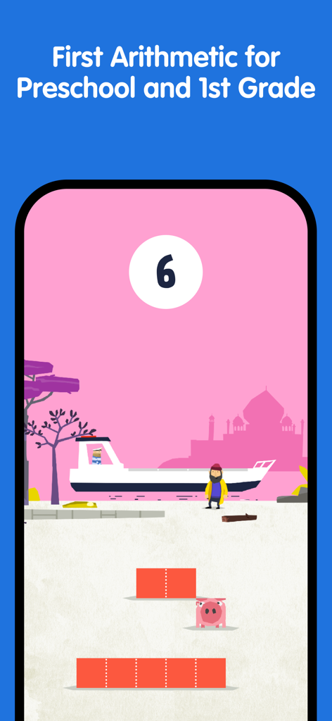 Fiete Math Numbers for Kids 5+ - Educational game screen showing the number six with blocks and harbor theme for preschool math learning