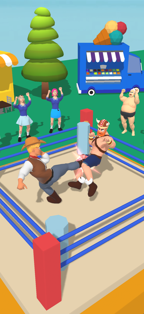 Ein Cowboy-Charakter tritt einen Wikinger-Charakter in einem Wrestling-Ring.