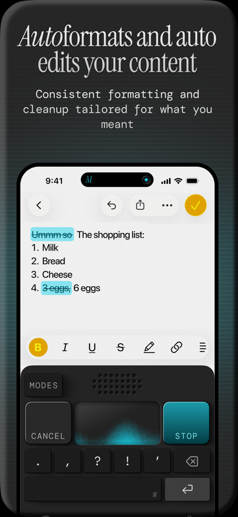 Monologue: Smart Dictation - Screenshot of the Monologue app showing its auto-formatting and text cleanup feature on a dictated shopping list.