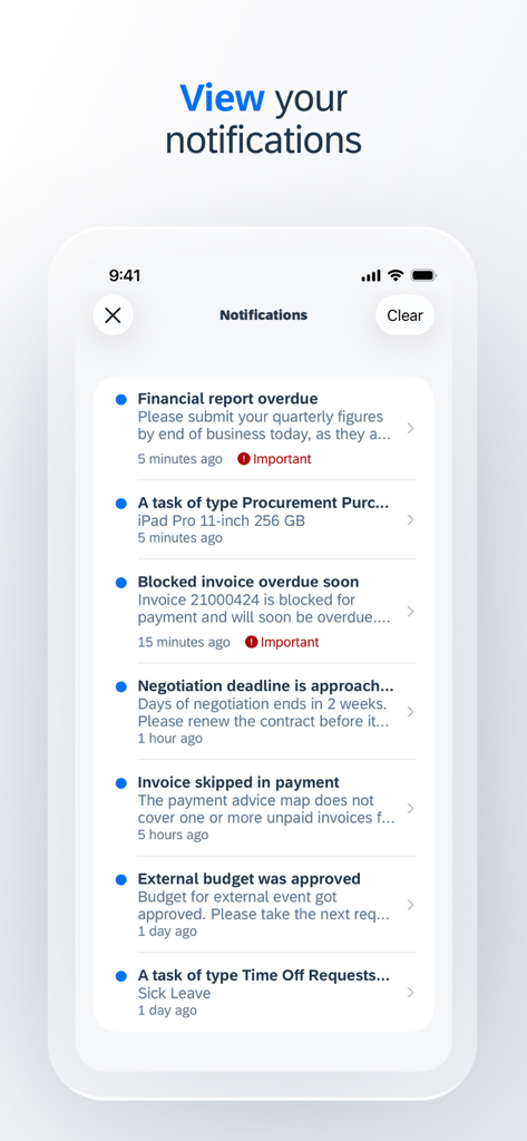Notifications screen in SAP Mobile Start showing business task alerts.