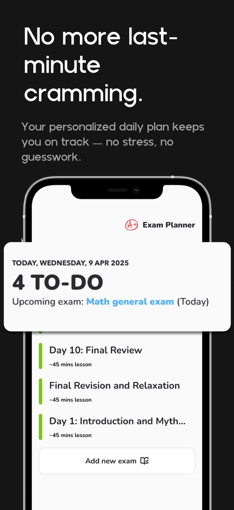 Exam planner: Study easy - Smartphone screen displaying a personalized daily study schedule and to-do list for exam preparation