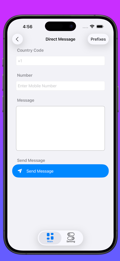 Oberfläche zum Senden einer Direktnachricht mit Feldern für Ländercode, Telefonnummer und Nachrichtentext
