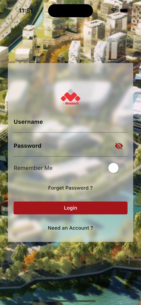 eMemberS By Sinar Mas Land - Login screen for the eMemberS app by Sinar Mas Land featuring username and password input fields.