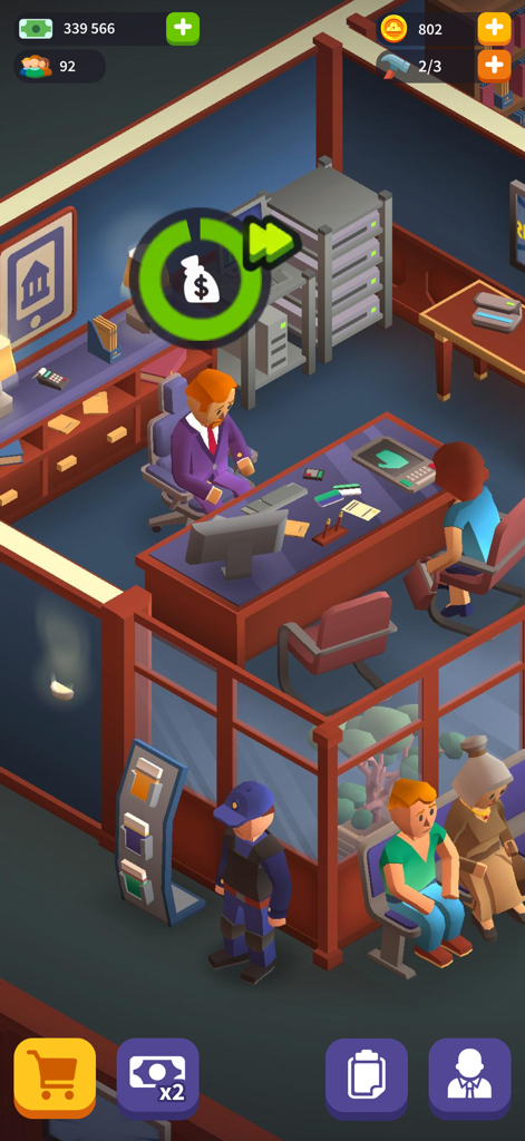 Idle Bank Tycoon - Game Empire - Vista isométrica de una oficina bancaria en Idle Bank Tycoon mostrando a un gerente asistiendo a un cliente y a un guardia de seguridad.