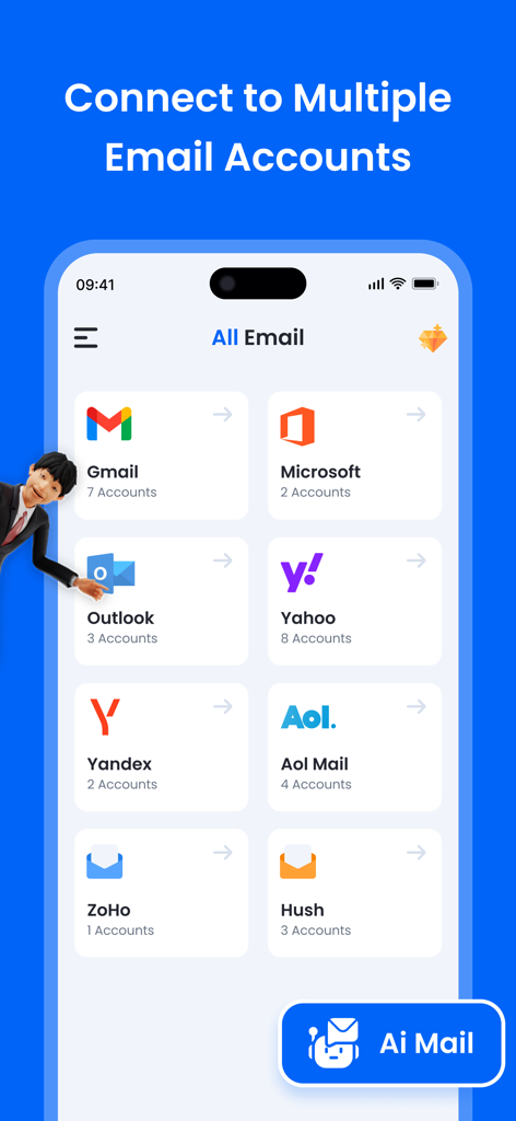 AI Writer - AI Email Assistant - Interfaz de la aplicación AI Writer mostrando múltiples cuentas de correo electrónico conectadas como Gmail, Outlook y Yahoo.