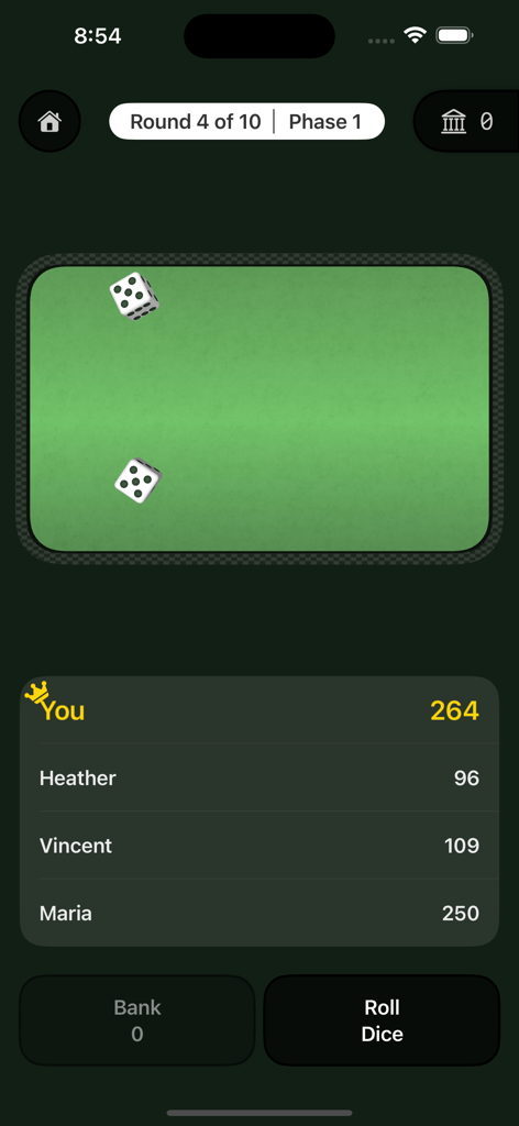 Bank - A Dice Game - Bank dice game interface showing a dice roll on a green table and a score leaderboard with multiple players