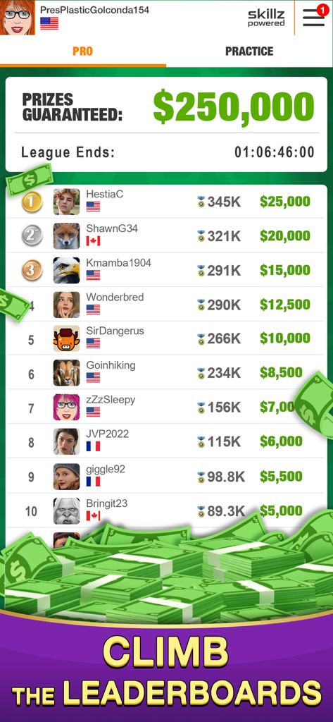 Spades Cash 2: Real Money Game - Spades Cash 2 leaderboard showing top players and guaranteed cash prizes.