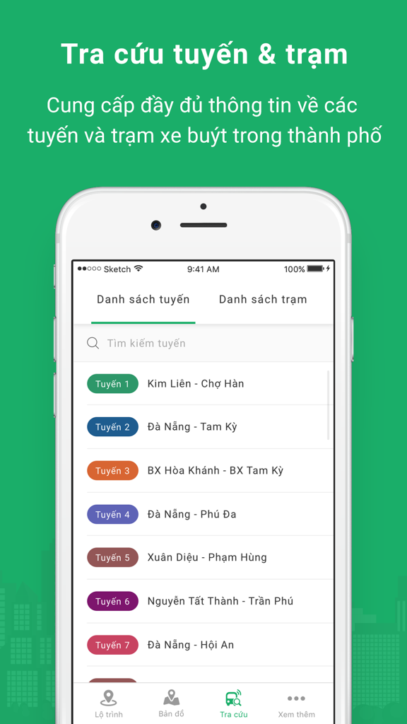 CityBus - Interface do aplicativo CityBus mostrando uma lista de rotas de ônibus disponíveis no Vietnã