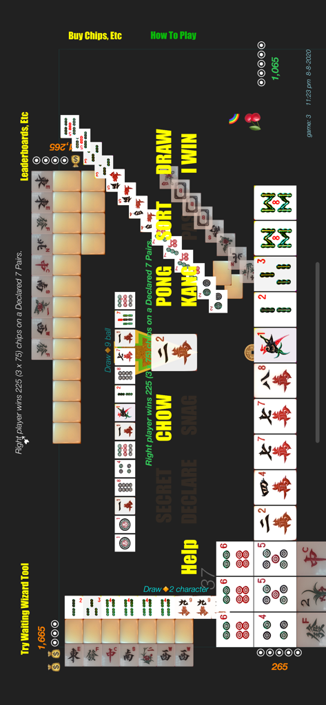Gameplay screen of Pinoy Mahjong showing traditional tiles and action buttons