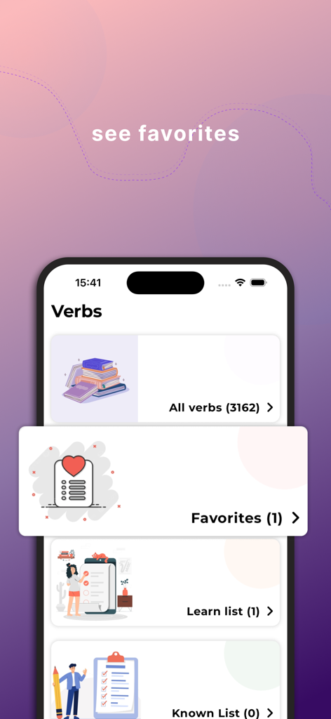 English Phrasal Verbs & Dict. - 영어 구동사 앱의 인터페이스로, 즐겨찾기 메뉴와 동사 목록이 표시됩니다.