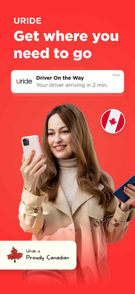 Eine Passagierin prüft ihr Handy auf die Ankunftsbenachrichtigung eines Uride-Fahrers mit kanadischem Thema