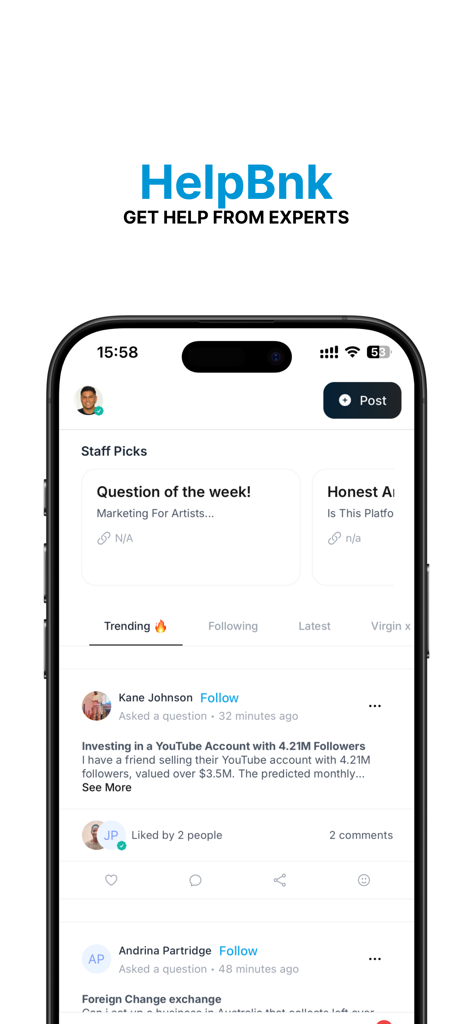 Interface of the HelpBnk app showing a community feed where entrepreneurs ask questions and get help from experts