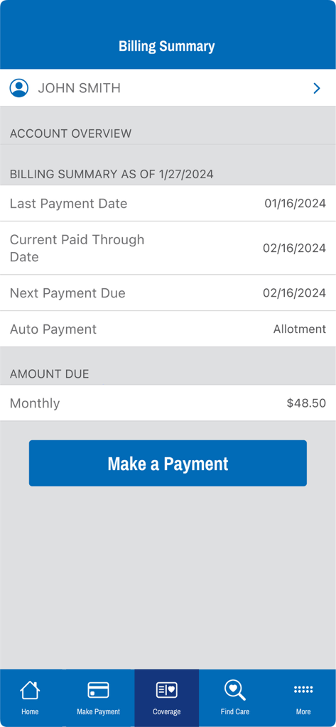 TRICARE East mobile app billing summary and payment screen