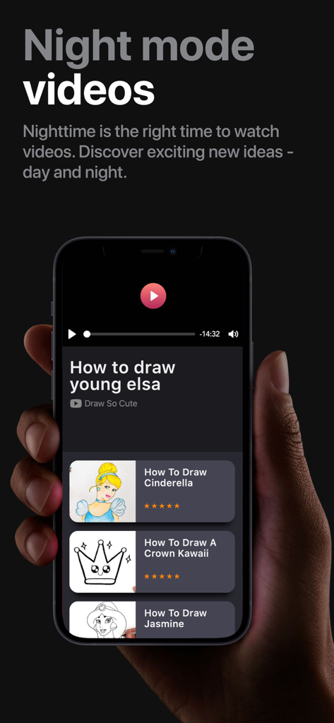 Learn to Draw Princesses - Smartphone screen showing princess drawing video tutorials in a dark mode interface