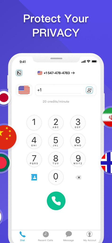 Interfaz de marcador móvil de la aplicación IM Calling con un encabezado que dice Protege tu Privacidad e indicadores internacionales.