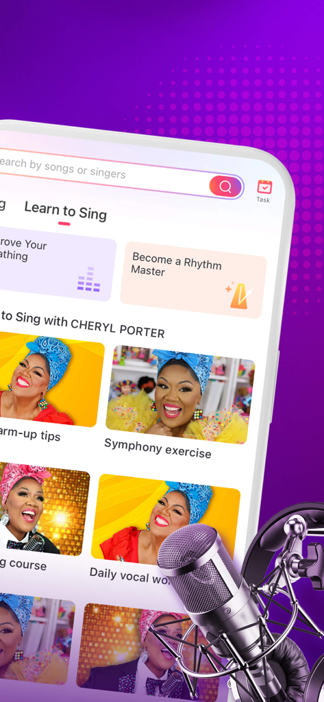 StarMaker app interface showing singing courses and vocal lessons with Cheryl Porter