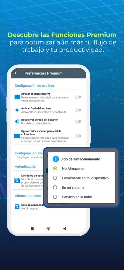 Verifiquese Cedula - ドキュメントスキャナー構成とデータストレージオプションのプレミアムサービス設定を示すVerifíquese Cédulaアプリのインターフェース。