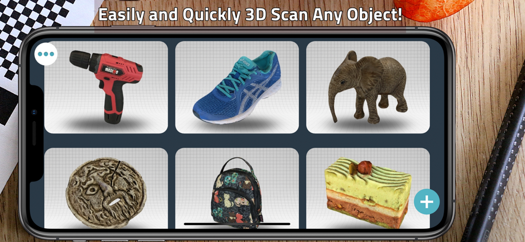 A gallery of diverse 3D scanned models including a power drill, a sneaker, and an elephant on a mobile app interface.