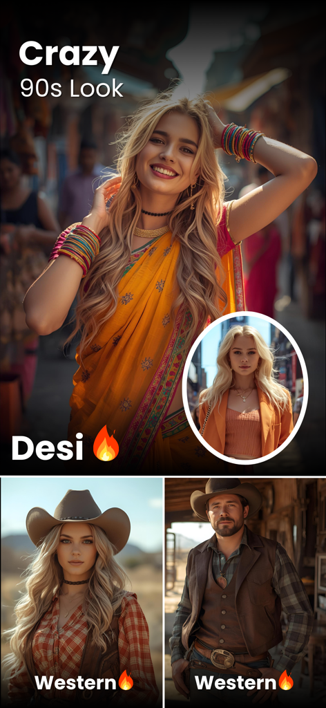 PixVerse AI Picture Generator - AI generated photos showing a woman in a Desi look and a man and woman in Western outfits