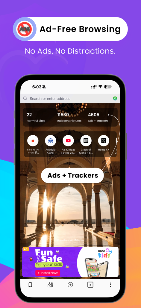 Kahf Browser - Interface de Kahf Browser présentant la navigation sans publicité et les statistiques des traqueurs bloqués