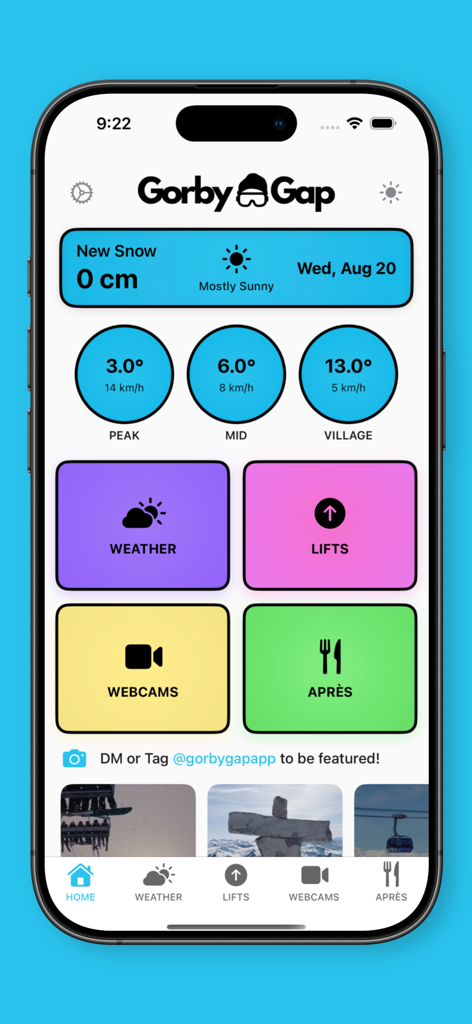 Home screen of the Gorby Gap mountain app displaying Whistler weather, lift status, webcams, and après options.