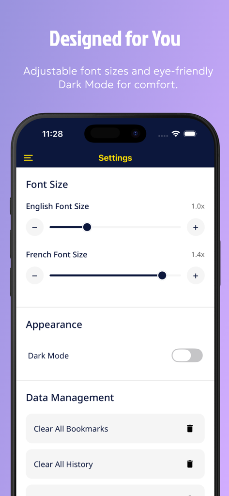 A mobile phone screen displaying the settings page of the French Dictionary app with options to adjust English and French font sizes and toggle Dark Mode.
