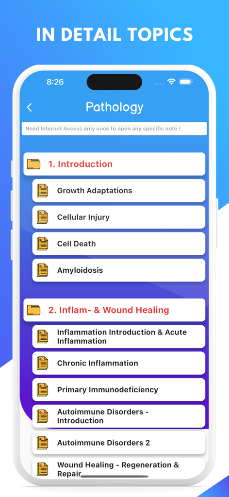 MedNotes app screen showing a detailed list of Pathology study topics for medical students