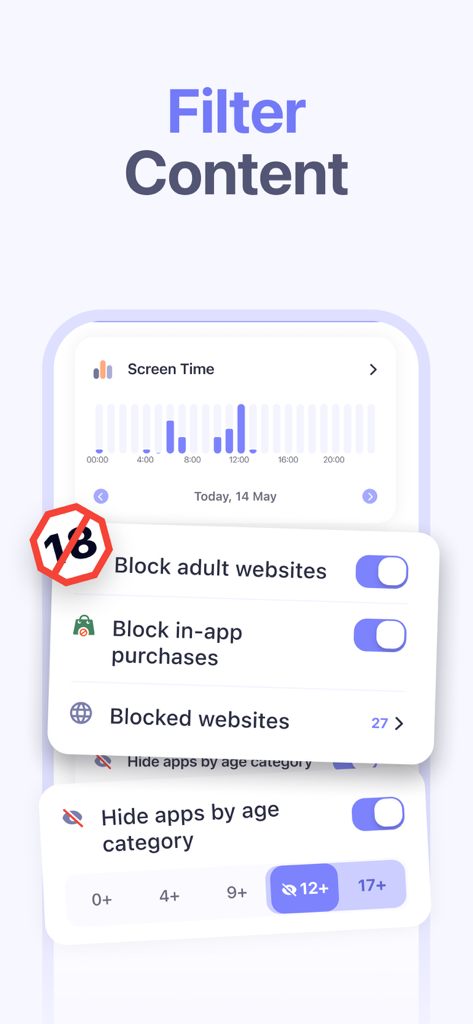 Parental Control App - Kidsee - Interface of the Kidsee app showing settings to block adult websites and hide apps by age category
