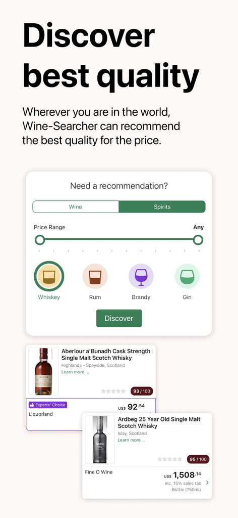 Wine-Searcher - Wine-Searcher app screen for spirits recommendation and whiskey price comparison