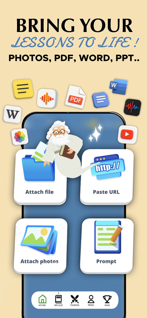 Aistote app interface showing options to create quizzes from files, URLs, photos, and prompts.